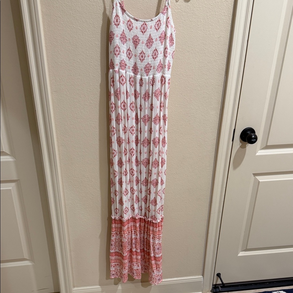 Women's White and Coral Print Maxi Babydoll Dress